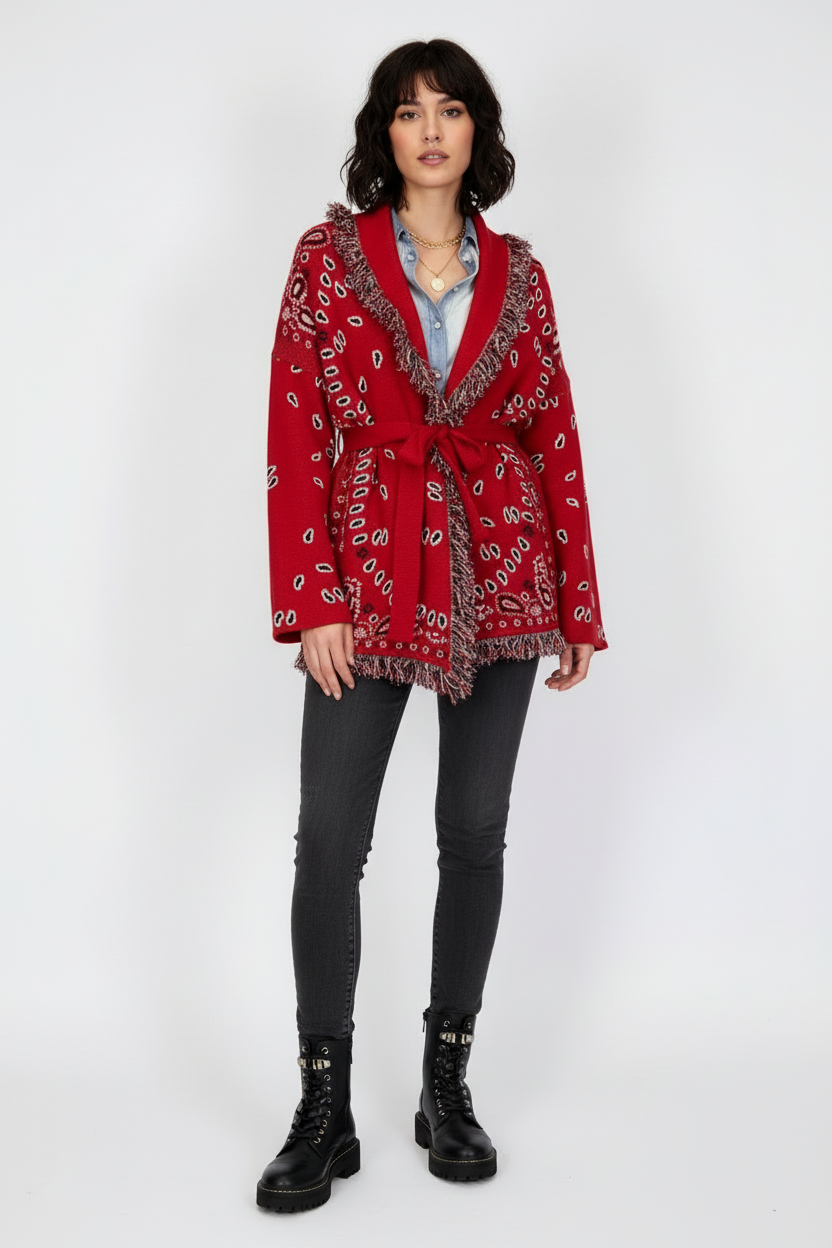 meliora bandana cardigan rot mit fransen und taillengürtel