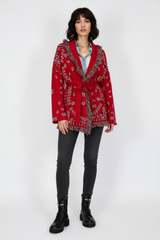 meliora bandana cardigan rot mit fransen und taillengürtel