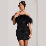 Jolie Sparkle Mini Kleid in Schwarz mit Pailletten und Federn