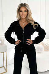 schwarzer damen tracksuit mit weiter hose und hoodie