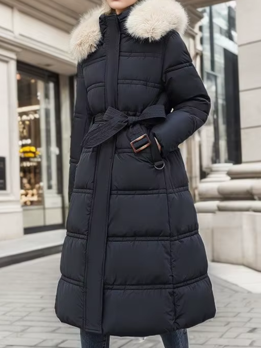 Lange schwarze Snow Embrace Winterjacke – elegant & warm