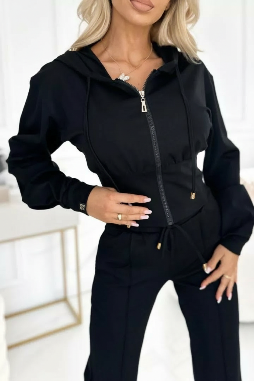 schwarzer damen tracksuit mit weiter hose und hoodie