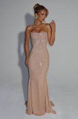 nude farbenes Abendkleid mit Strass und Fishtail