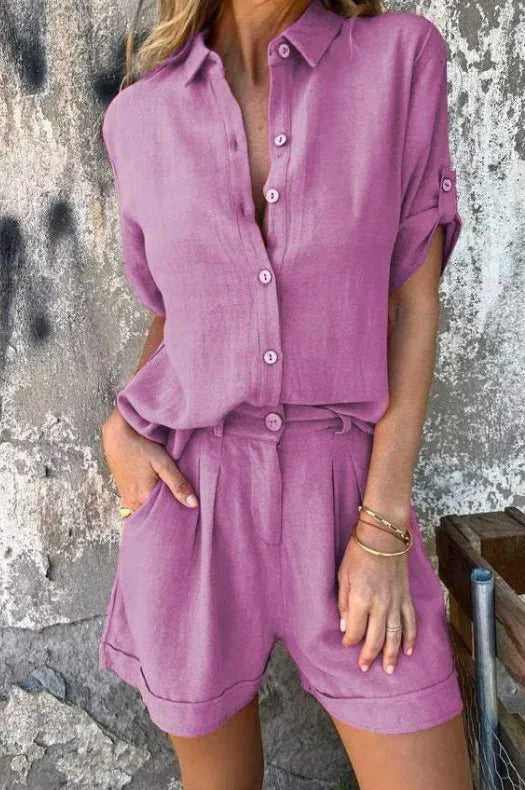 Lila linnen outfit voor dames – luchtig en zomers
