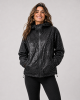 Schwarze Regenjacke Damen mit Leoparden-Print, der bei Nässe sichtbar wird