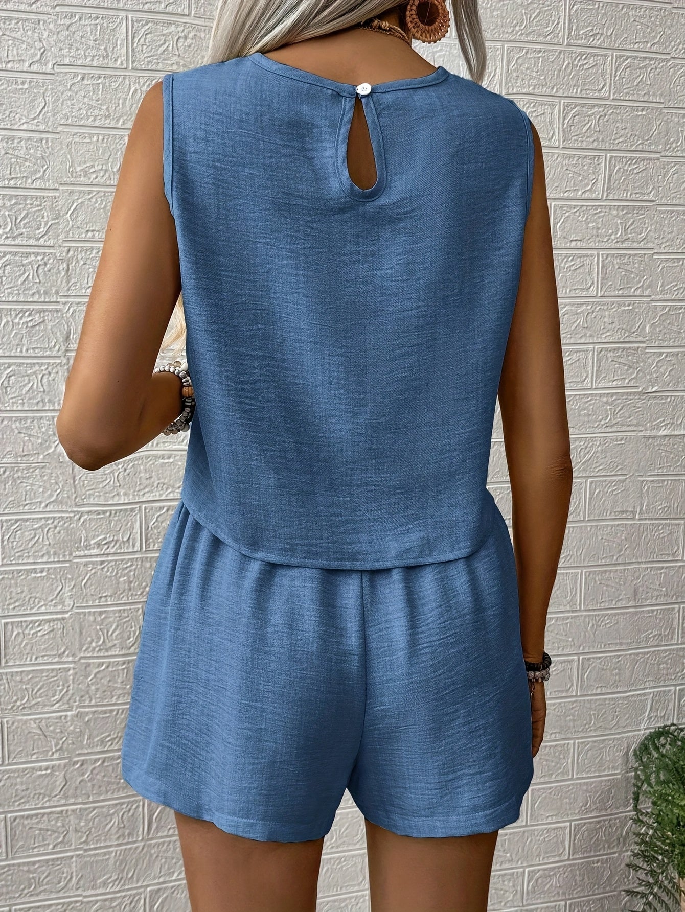 blauwe luchtige set voor dames met korte broek
