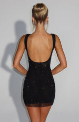 Stellara | Glitzer-Mesh Minikleid mit eckigem Ausschnitt & tiefem Rückenausschnitt