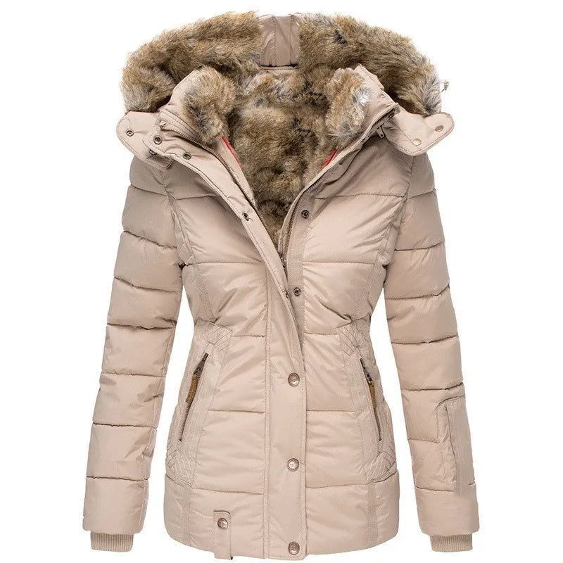 Mireda Damen Winterparka in Beige mit Kunstfellkragen