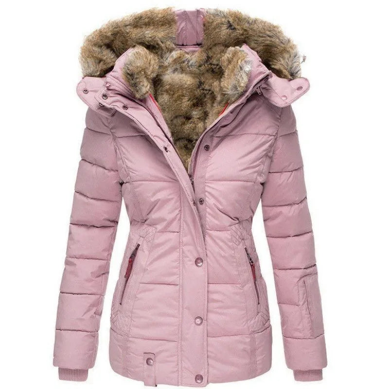 Mireda Damen Winterparka in Rosa mit Kunstfellkragen