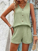 groene zomerse dames set met short en knoop-top
